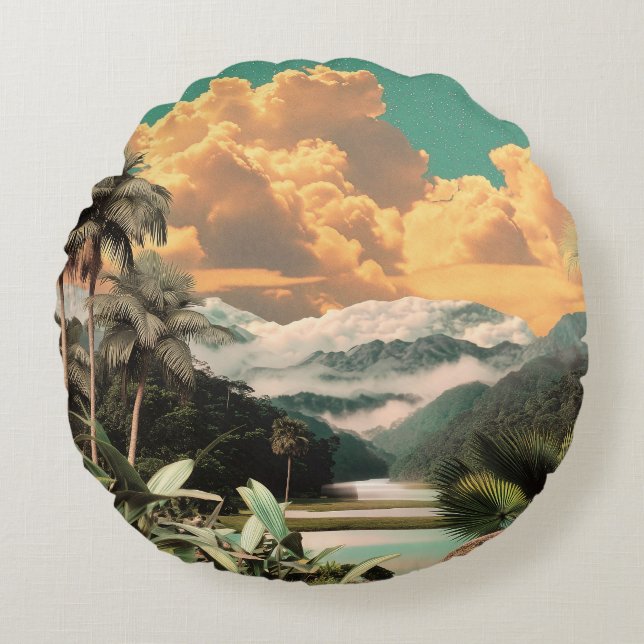 Surreal Tropical Valley With Palm Trees Round Pillow (Front)