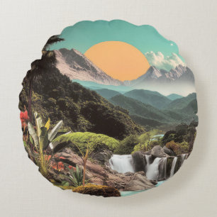 Surreal Tropical Valley With Waterfalls Round Pillow