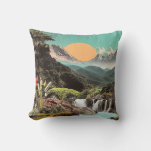 Surreal Tropical Valley With Waterfalls Throw Pillow