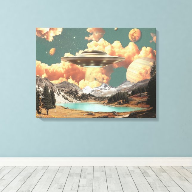 Surreal UFO Above Mountain Lake with Planets Canvas Print (Insitu(Wood Floor))