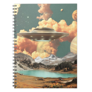 Surreal UFO Above Mountain Lake with Planets Notebook