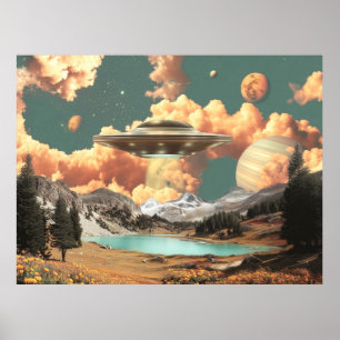 Surreal UFO Above Mountain Lake with Planets Poster
