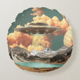 Surreal UFO Above Mountain Lake with Planets Round Pillow
