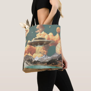 Surreal UFO Above Mountain Lake with Planets Tote Bag