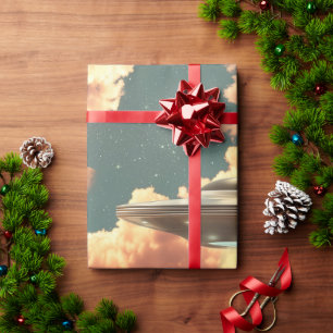 Surreal UFO Above Mountain Lake with Planets Wrapping Paper