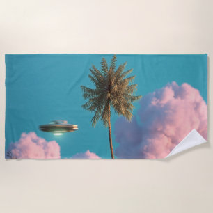Surreal UFO and Palm Tree Mountain Scene Beach Towel