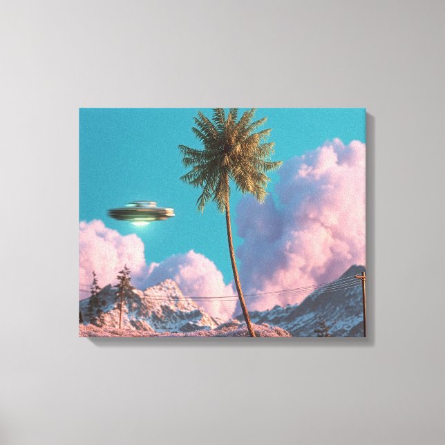 Surreal UFO and Palm Tree Mountain Scene Canvas Print (Front)