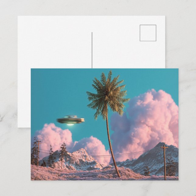 Surreal UFO and Palm Tree Mountain Scene Postcard (Front/Back)