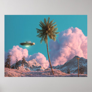 Surreal UFO and Palm Tree Mountain Scene Poster