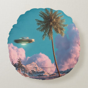 Surreal UFO and Palm Tree Mountain Scene Round Pillow