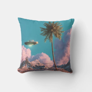 Surreal UFO and Palm Tree Mountain Scene Throw Pillow