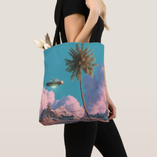 Surreal UFO and Palm Tree Mountain Scene Tote Bag