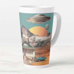 Surreal UFO Over Rustic House Latte Mug