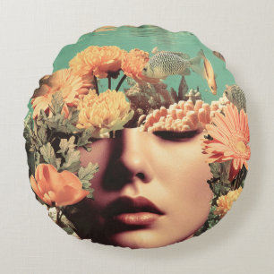 Surreal Underwater Portrait With Coral Flowers Round Pillow