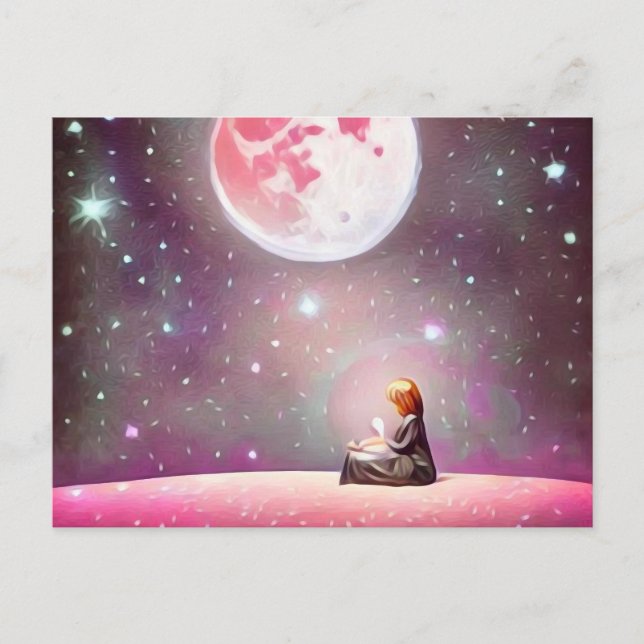 Surreal Vintage Girl & Full Pink Moon Postcard (Front)