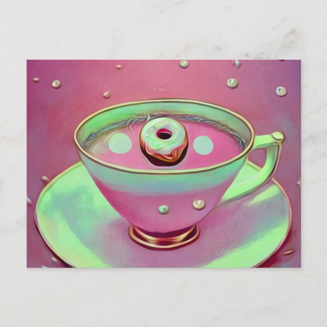 Surreal Vintage Tea Cup & Tiny Doughnut Postcard (Front)