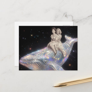 Surreal Vintage Woman Ride Whale Postcard