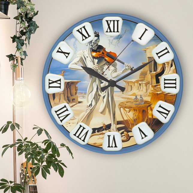 Surreal Violin Music Fine Art Round Clock (Wall clock featuring a fine art painting of a violinist in a surreal landscape - with roman numbers)