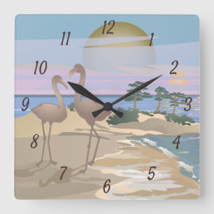 Surreal Watercolor Flamingos Ocean Beach Shore Rou Square Wall Clock