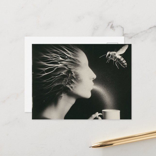 Surreal Woman and Bee Morning Coffee Black White Postcard (Front/Back In Situ)