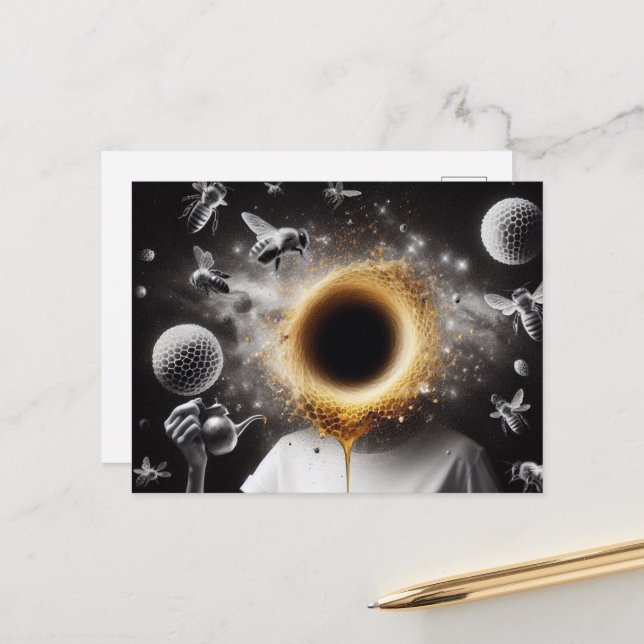Surreal Woman and Bees Honeycomb Black Hole Postcard (Front/Back In Situ)