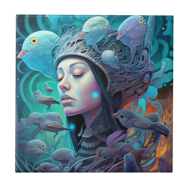 Surreal Woman Birds Visionary Art Tile (Front)