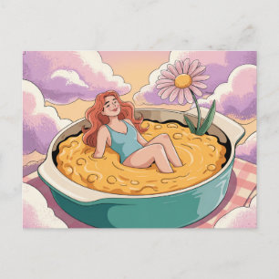 Surreal Woman Sits in Bathing Suit in Cheesy Dish Postcard