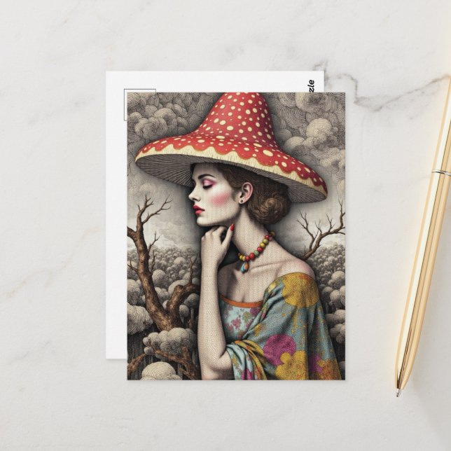 Surreal Woman With a Mushroom Hat Postcard (Front/Back In Situ)