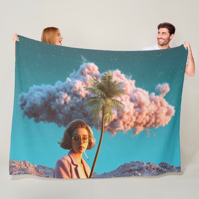 Surreal Woman with Palm Tree Fleece Blanket (In Situ)