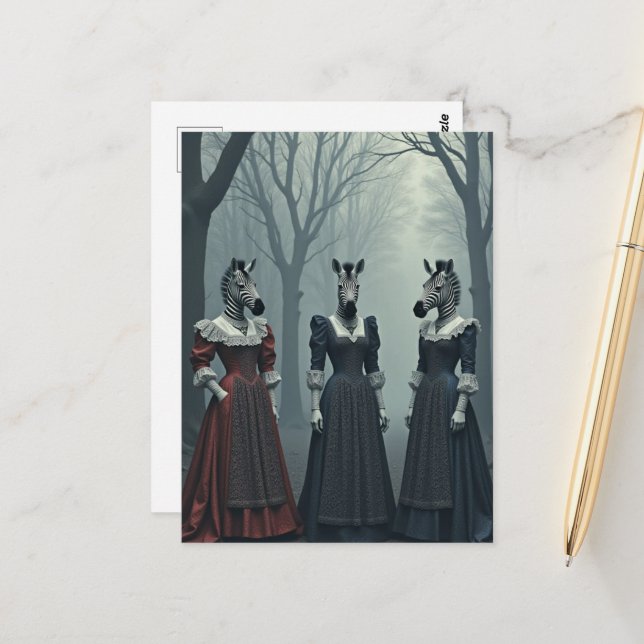 Surreal Women With Zebra Heads in Forest Postcard (Front/Back In Situ)