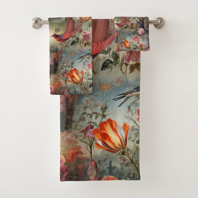 Surrealist Art with Flowers & Birds Bath Towel Set (Insitu)