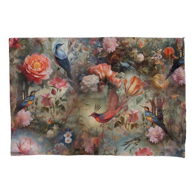 Surrealist Art with Flowers & Birds Pillowcase (Front)