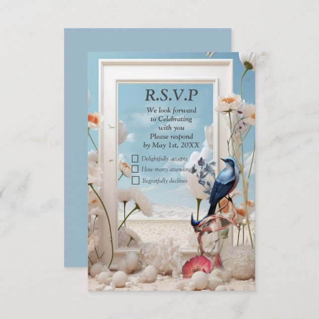 Surrealist Art with Flowers & Birds RSVP Card (Front/Back)