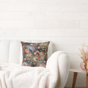 Surrealist Art with Flowers & Birds Throw Pillow