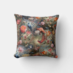Surrealist Art with Flowers & Birds Throw Pillow