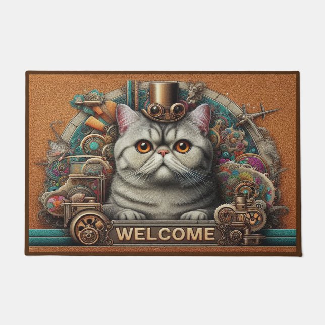 Surrealist Steampunk Exotic Shorthair Cat Welcome Doormat (Front)