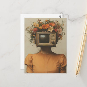 Surrealist Woman with TV head and flowers Postcard