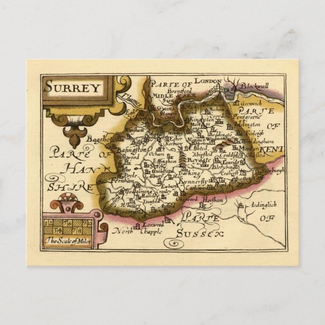 Surrey County England Old Antiquarian Atlas Map Postcard (Front)