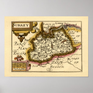 Surrey County England Old Antiquarian Atlas Map Poster