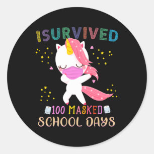 Survived 100 Masked School Days Dabbing Unicorn Ma Classic Round Sticker