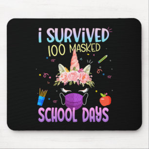 Survived 100 Masked School Days Unicorn Wearing Ma Mouse Pad