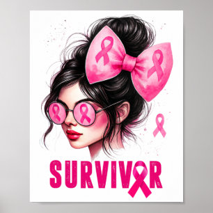 Survivor Breast Cancer Awareness Pink Messy Bun Gi Poster