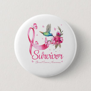 Survivor Hummingbird Ribbon Breast Cancer 2 Inch Round Button