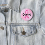 Survivor Pink Breast Cancer 2 Inch Round Button<br><div class="desc">Breast cancer "Survivor" button features custom modern black script lettering with symbolic pink ribbon and pink gradient background.</div>