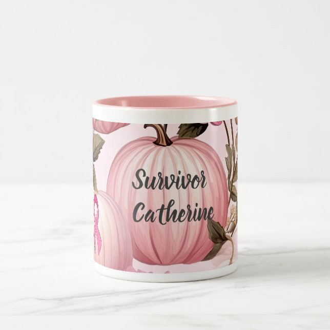 Survivor Pink Pumpkin Halloween Two-Tone Coffee Mug (Center)