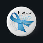 Survivor - Prostate Cancer 2 Inch Round Button<br><div class="desc">Shop unique Prostate Cancer Survivor shirts, apparel, merchandise and gifts featuring a stunning floral scroll background and a beautiful angled light blue ribbon to signify awareness for Prostate Cancer brought to you by cancer survivors who have experienced first hand the plight of a cancer patient. Wear your survivorship proudly while...</div>