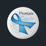 Survivor - Prostate Cancer 2 Inch Round Button<br><div class="desc">Shop unique Prostate Cancer Survivor shirts, apparel, merchandise and gifts featuring a stunning floral scroll background and a beautiful angled light blue ribbon to signify awareness for Prostate Cancer brought to you by cancer survivors who have experienced first hand the plight of a cancer patient. Wear your survivorship proudly while...</div>