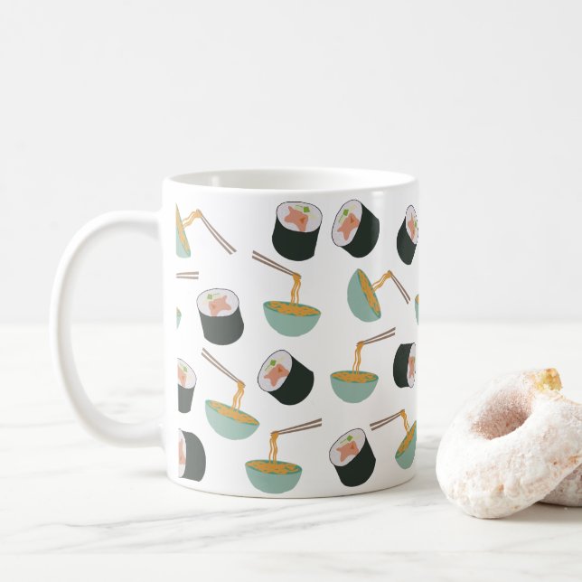 Sushi and Noodles Pattern Coffee Mug (With Donut)