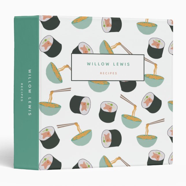 Sushi and Noodles Pattern Recipe Cookbook Binder (Front/Spine)