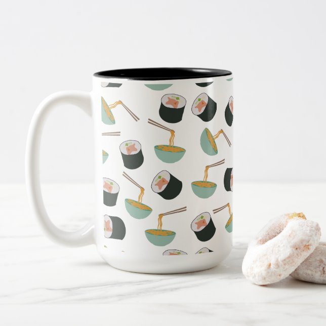 Sushi and Noodles Pattern Two-Tone Coffee Mug (With Donut)